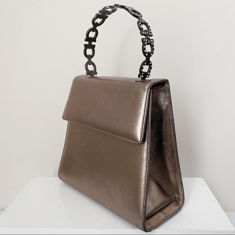 Salvatore Ferragamo Gold Pewter Silver Crystal Gancini Top Handle Crossbody Bag